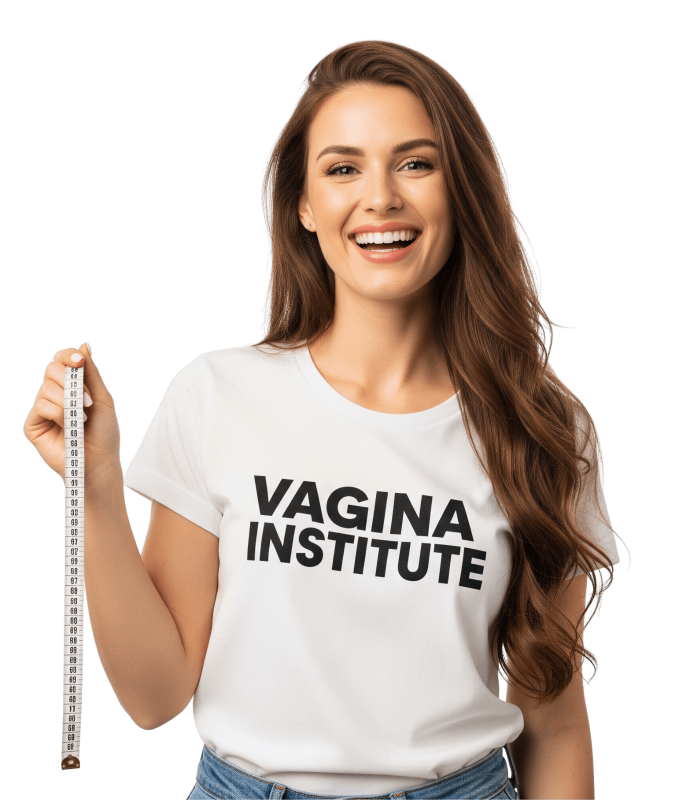 Woman wearning a vagina institute shirt holding a measuring tape.