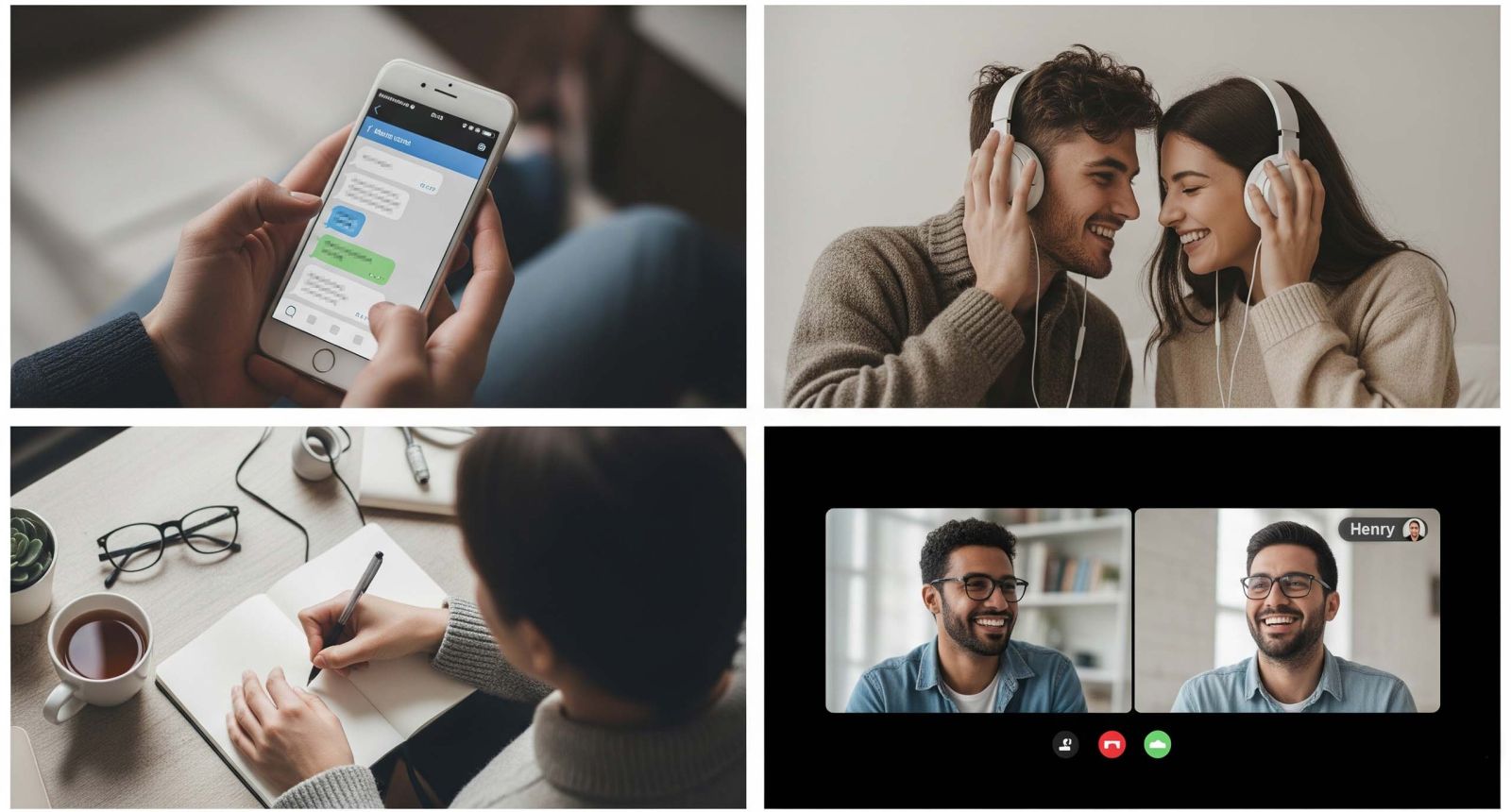 Imagen en cuatro paneles que muestra momentos de conexión de la Gen Z: chat, compartir música, reflexión en solitario y videollamada.