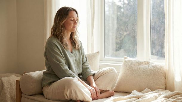 Una mujer practicando meditación de mindfulness en un salón luminoso y calmado.