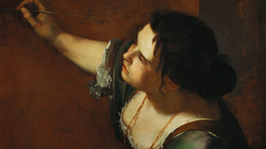 Autoportrait en allégorie de la Peinture d'Artemisia Gentileschi, montrant l'artiste en action, tenant un pinceau et une palette.