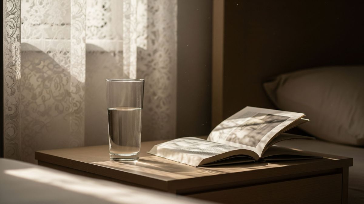 Un ambiente de rutina matutina pacífica con un vaso de agua y un libro junto a una ventana, representando un comienzo tranquilo del día.