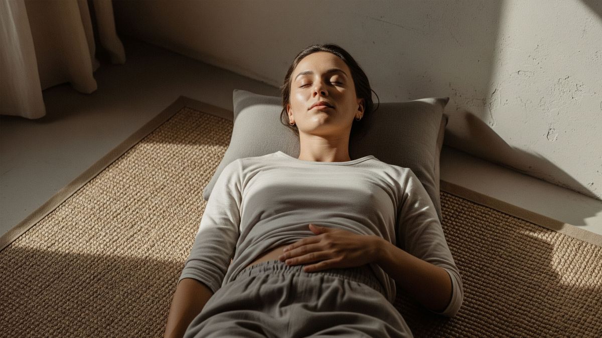 Una mujer practica fitness somático acostada, concentrándose en su respiración y sensaciones corporales.