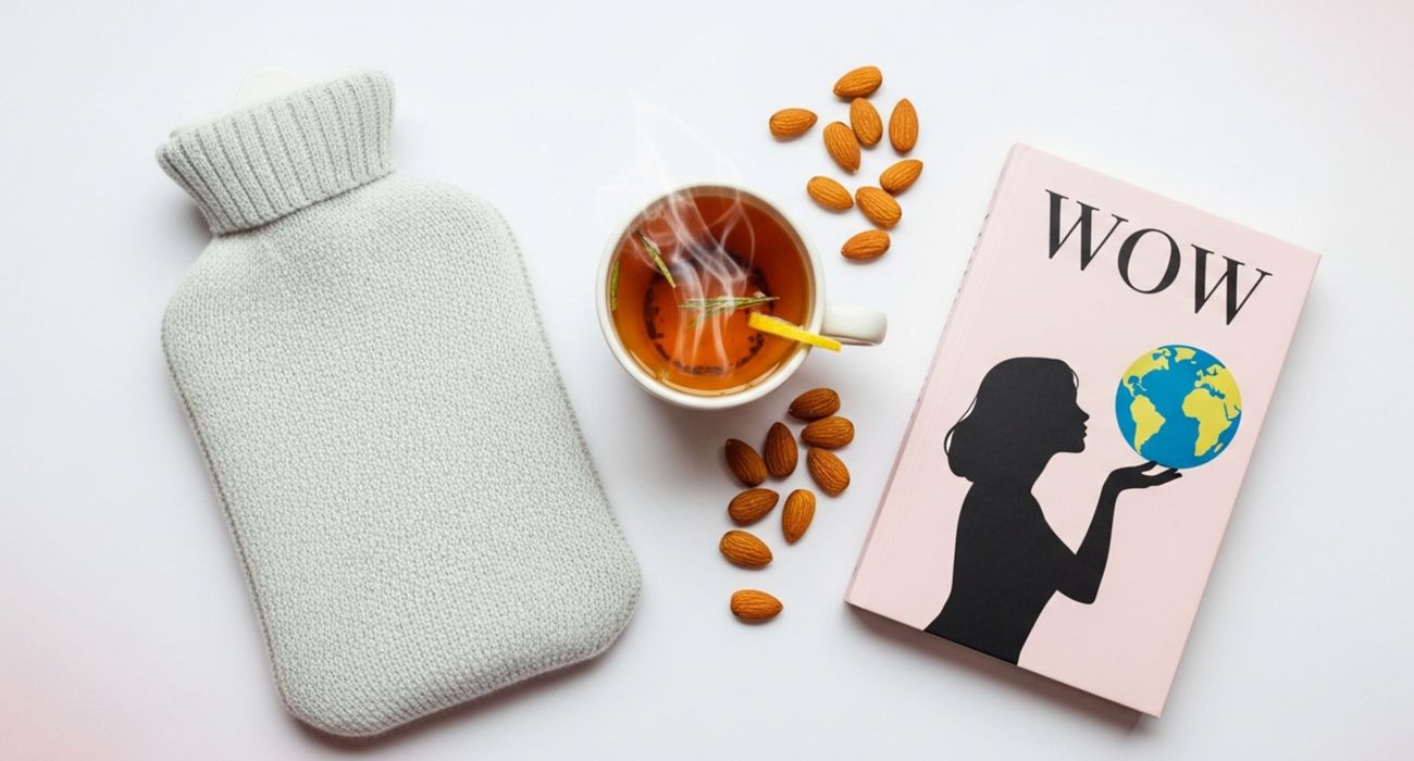 Un kit de préparation pour les crampes menstruelles comprenant une bouillotte, une tisane et des collations saines.