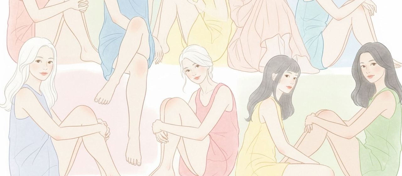 Ilustración suave en tonos pastel de mujeres sentadas con modestia, simbolizando la comodidad con la apariencia del propio cuerpo.