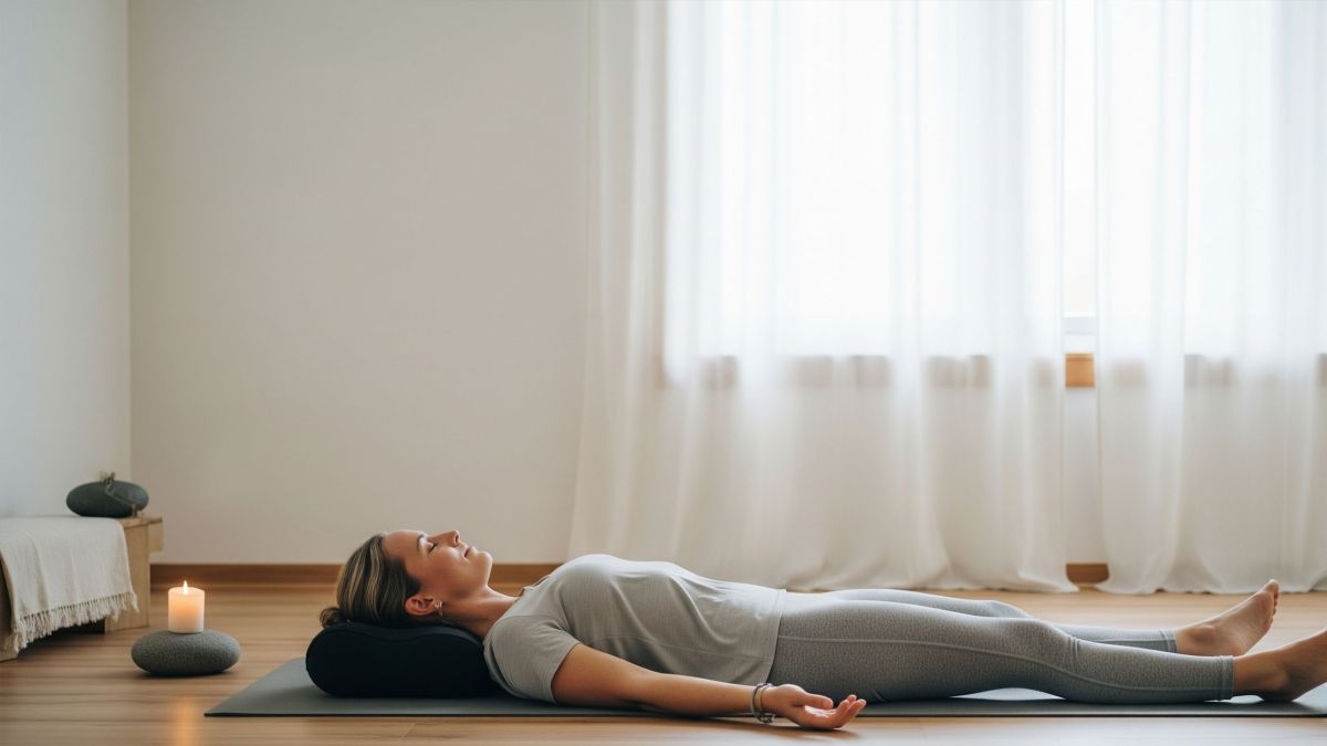 Mujer practicando la meditación de escaneo corporal mientras yace pacíficamente en una esterilla.