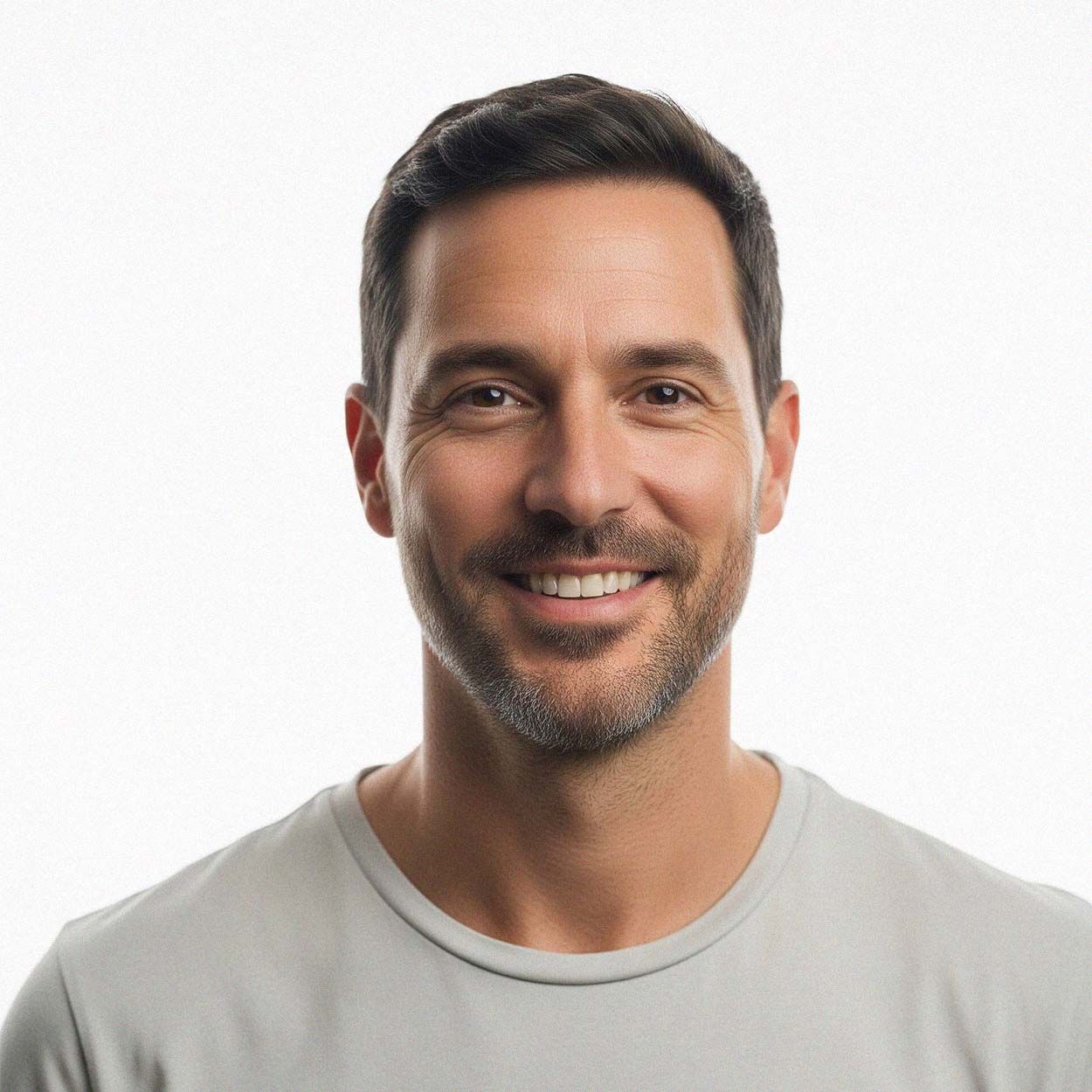 Homme souriant, invitant les hommes à participer à nos enquêtes.