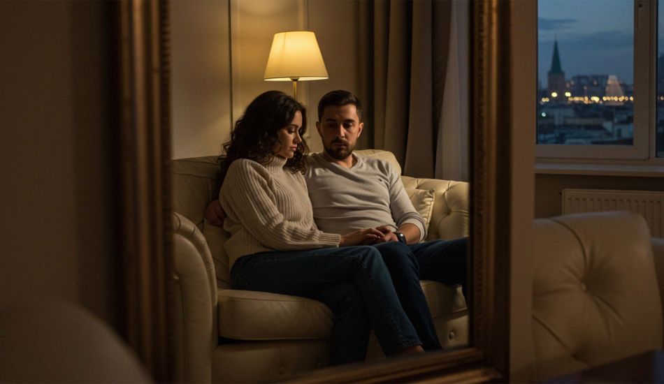 Man and woman reflected in mirror symbolizing body image and emotional connection in relationships