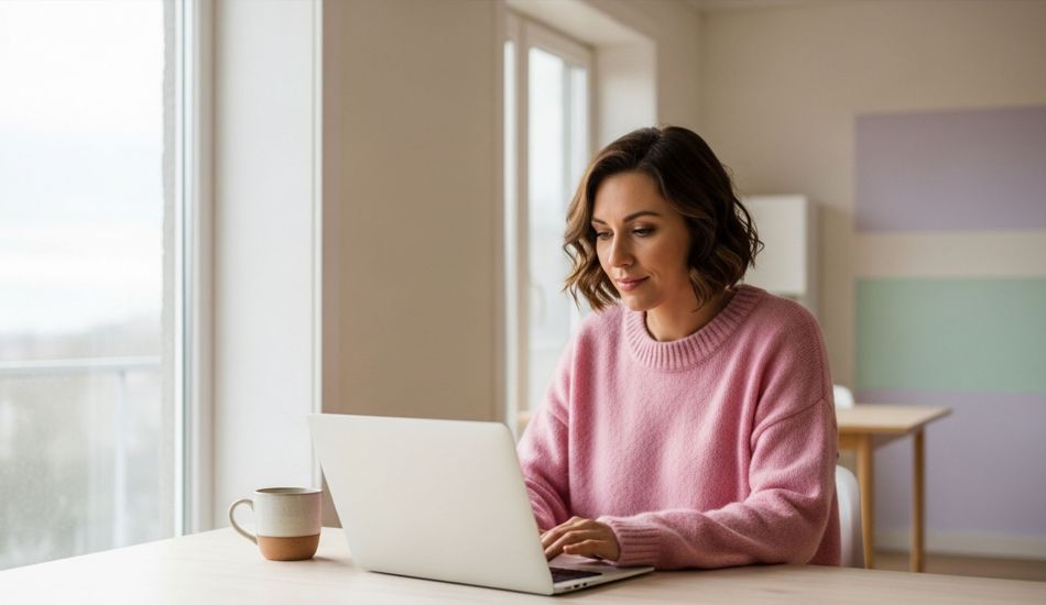 Femme travaillant à distance à une table ensoleillée, suggérant liberté et concentration