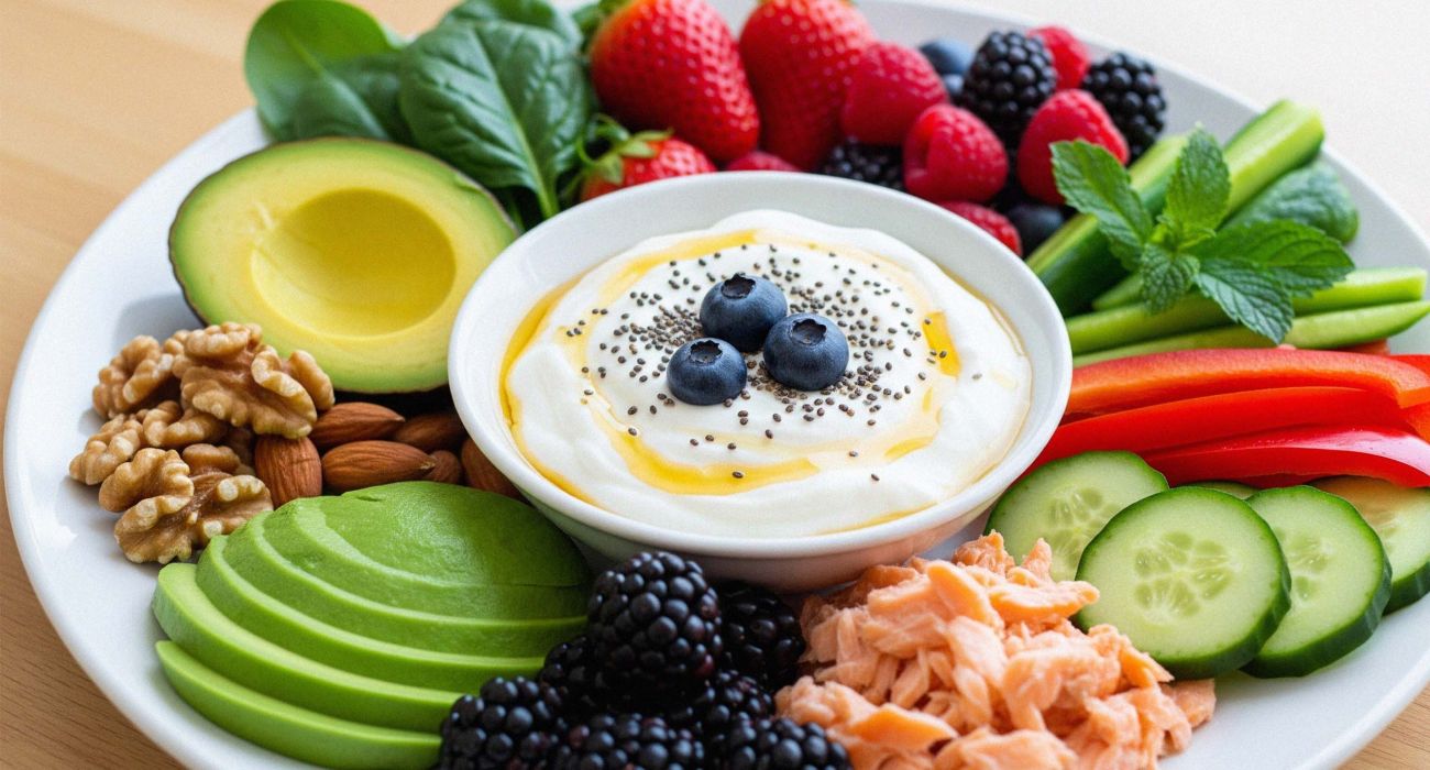 Surtido de alimentos nutritivos que apoyan la salud vaginal y el equilibrio del microbioma