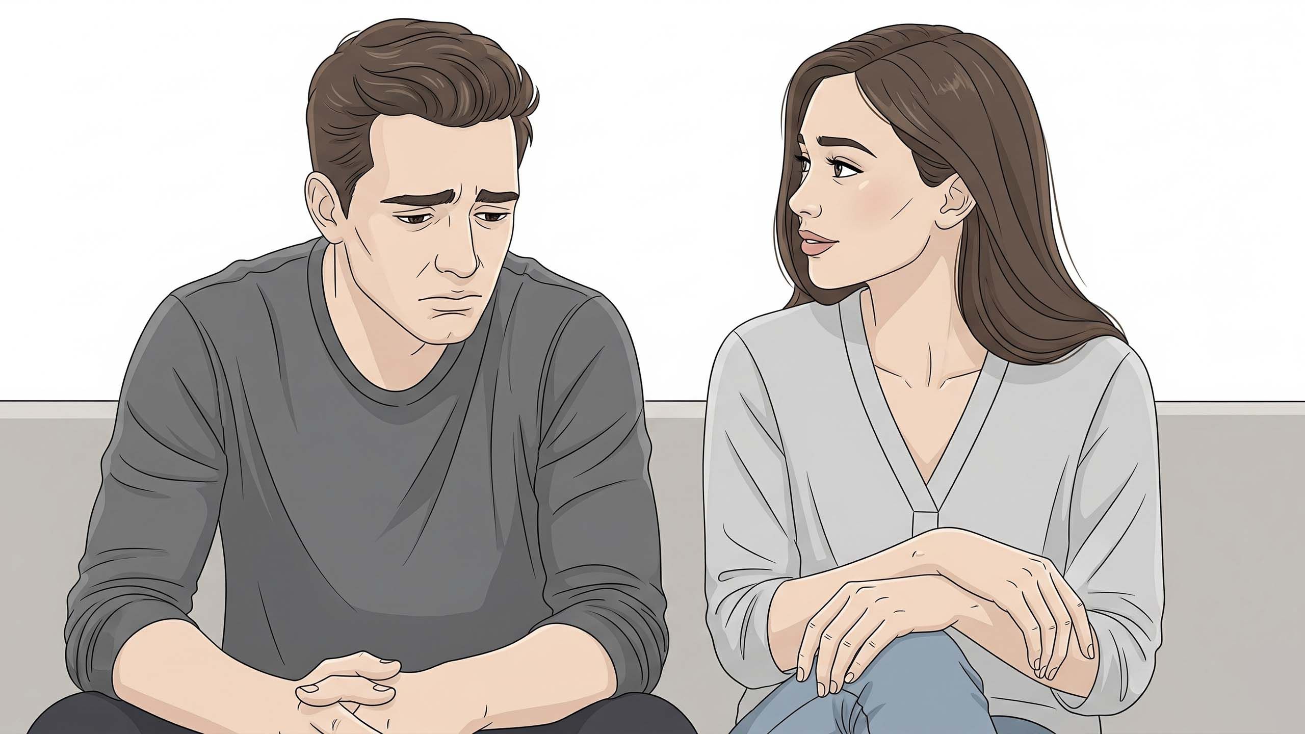 A couple having a calm conversation in an intimate setting.