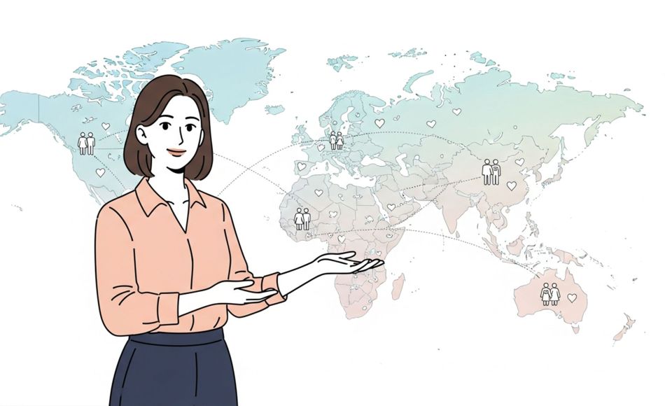 Femme réfléchissant aux styles d’attachement dans le monde devant une carte pastel