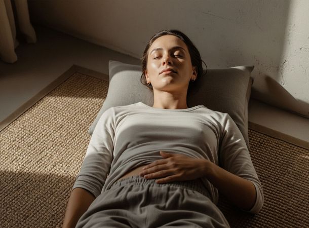 A woman practicing somatic fitness by lying down and focusing on her breath and bodily sensations.