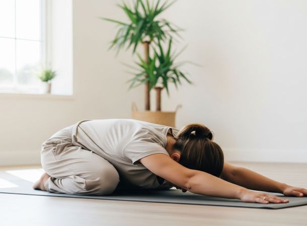 Una mujer en un entorno tranquilo realizando un suave estiramiento de la postura del niño sobre una esterilla de yoga para fomentar la conexión mente-cuerpo.