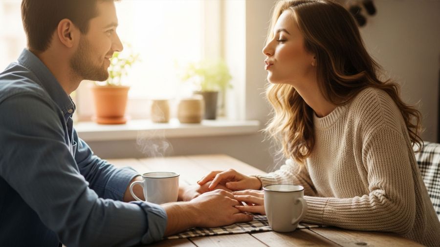 Mujer y hombre compartiendo un momento romántico tranquilo con café, ilustrando el poder de los pequeños gestos cotidianos.