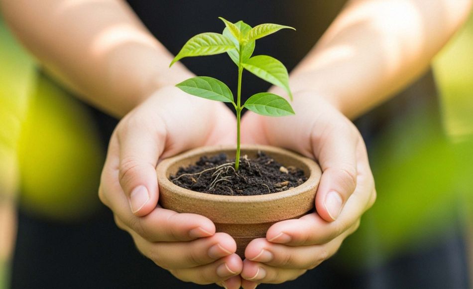 Las manos de una pareja sosteniendo suavemente un retoño en crecimiento, simbolizando una relación nutritiva y en desarrollo.