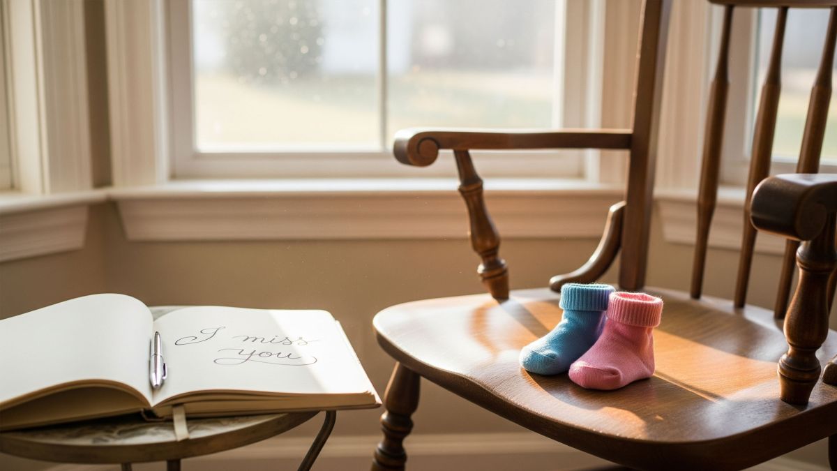 Una silla con calcetines y una nota de Te extrañaré junto a una ventana, reflexionando sobre la pérdida del embarazo.