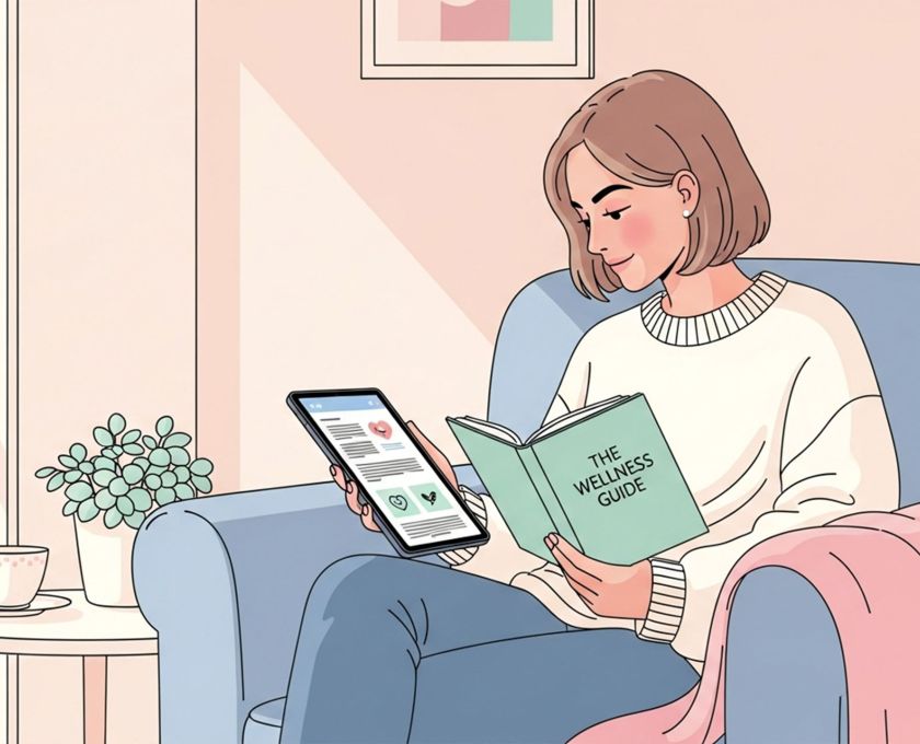 Ilustración de una mujer leyendo una guía de salud en su portátil en tonos pastel suaves, representando el aprendizaje de información precisa sobre la anatomía femenina.