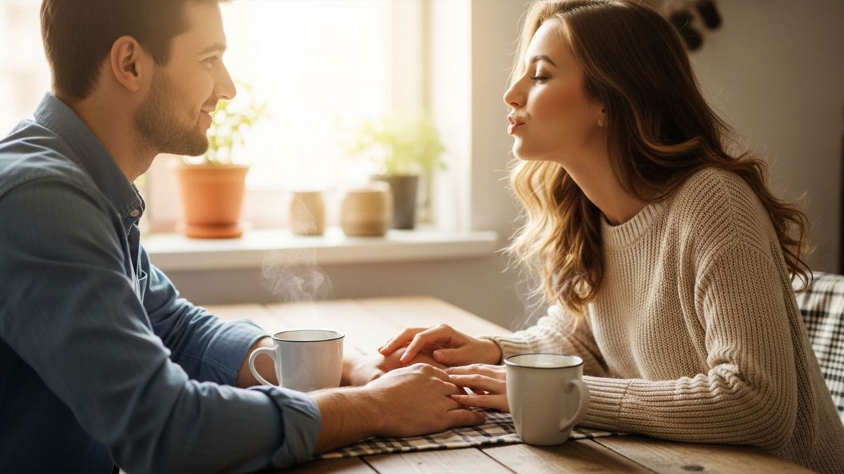 Woman and man sharing a quiet romantic moment over coffee, highlighting the power of small everyday gestures.