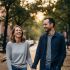 Couple holding hands and smiling while walking together