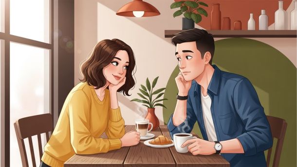 Una pareja comparte un momento tranquilo en una primera cita, observando los gestos sutiles del otro