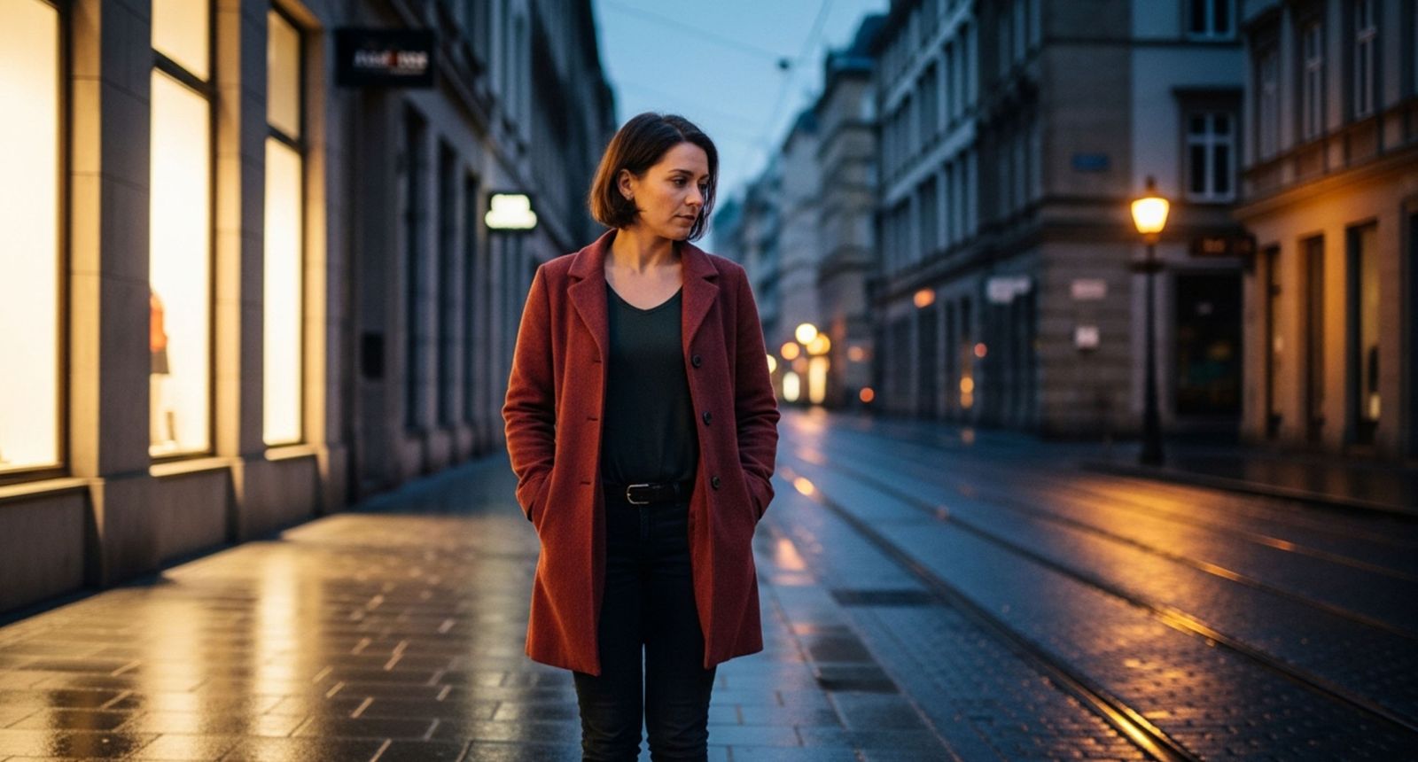 Femme marchant seule dans une rue de ville au crépuscule, symbolisant les inquiétudes concernant la sécurité et la confiance dans les institutions occidentales.