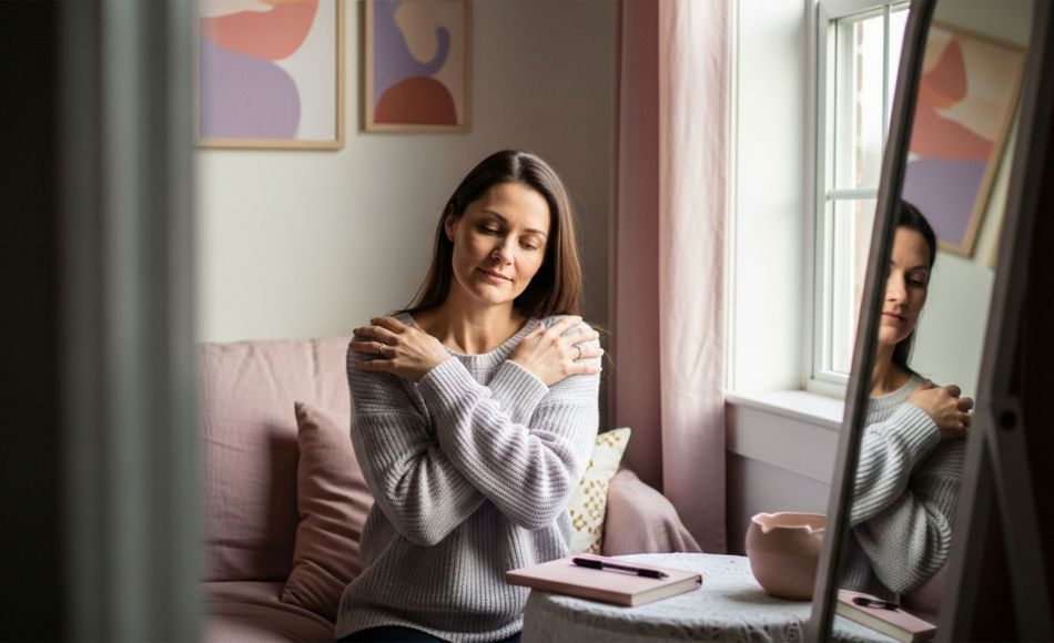 Woman calmly reflecting in front of a mirror and journaling, in soft pastel colors, for a body appreciation article