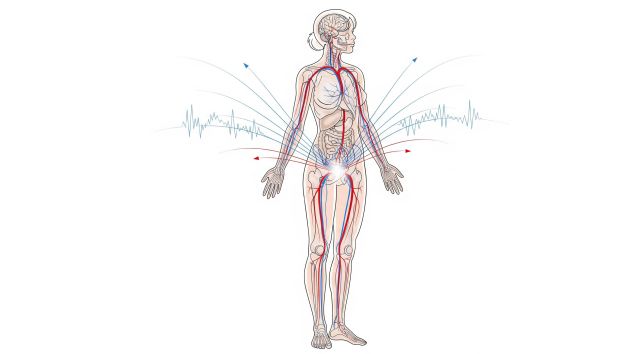 Lehrreiche Darstellung von Gehirn und Beckenanatomie mit Nerven- und Blutflussmustern während der Erregung.