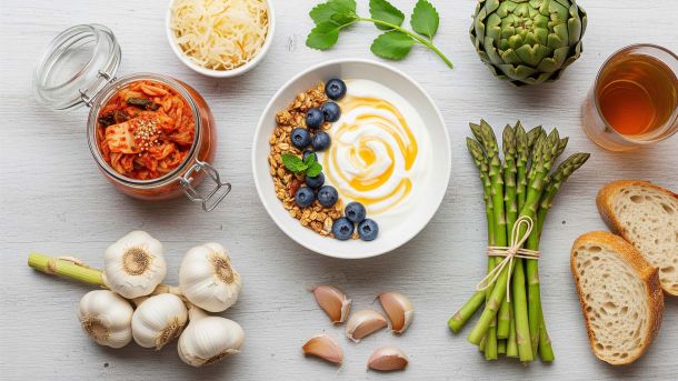 Una foto cenital de alimentos probióticos y prebióticos como yogur, kimchi, espárragos y ajo, que representan los elementos clave del eje intestino-vagina.