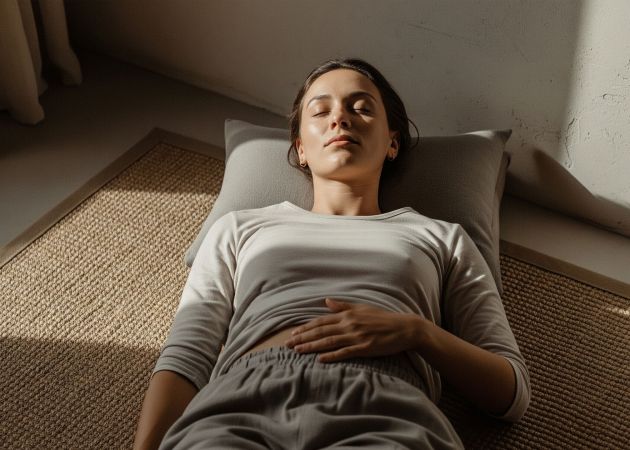 Una mujer practica fitness somático acostada, concentrándose en su respiración y sensaciones corporales.