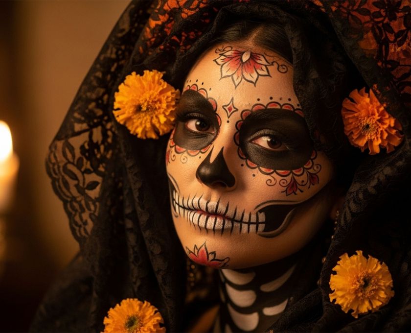 Elegant La Catrina portrait with lace veil, marigolds, and candlelight