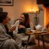 A couple sits together in a cozy living room with blankets and candles, illustrating a sense of intimacy and comfort.