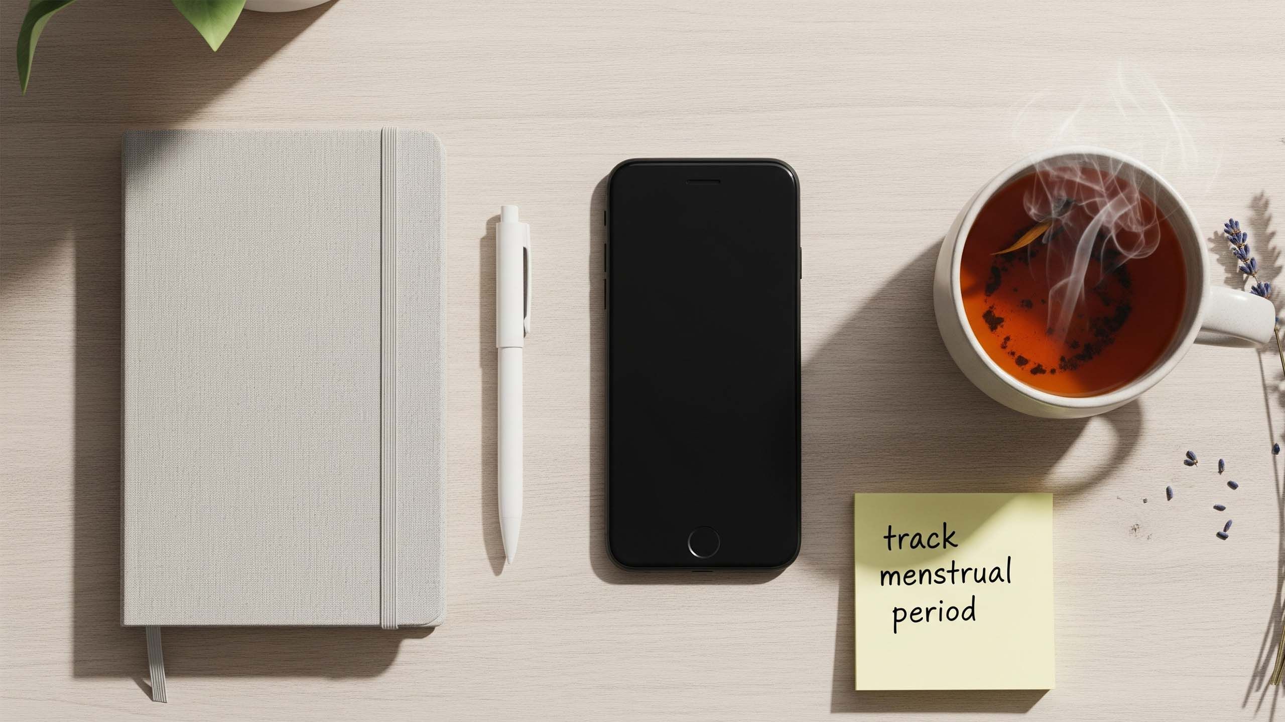 Smartphone con aplicación de seguimiento menstrual, cuaderno y té para planificación del ciclo
