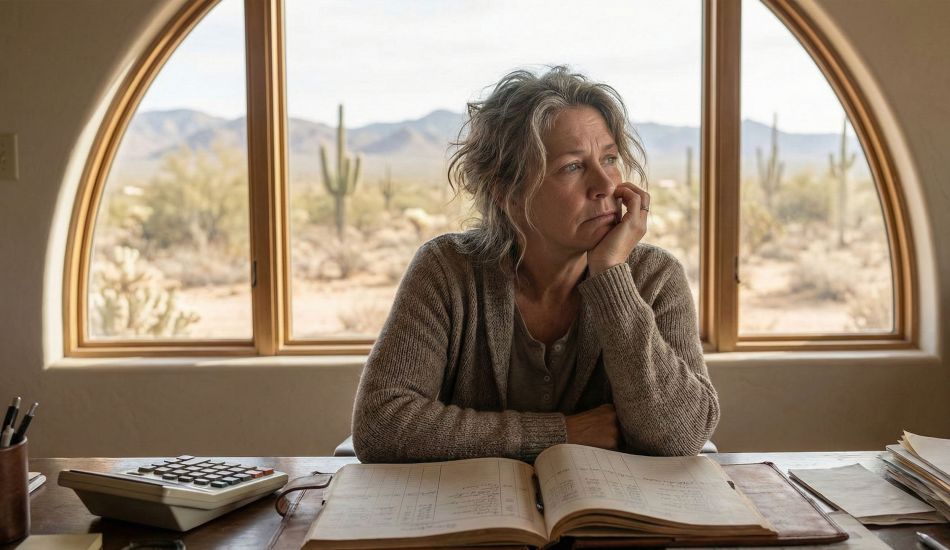 Thoughtful 55-year-old woman reflecting on career and family regrets at her accounting desk
