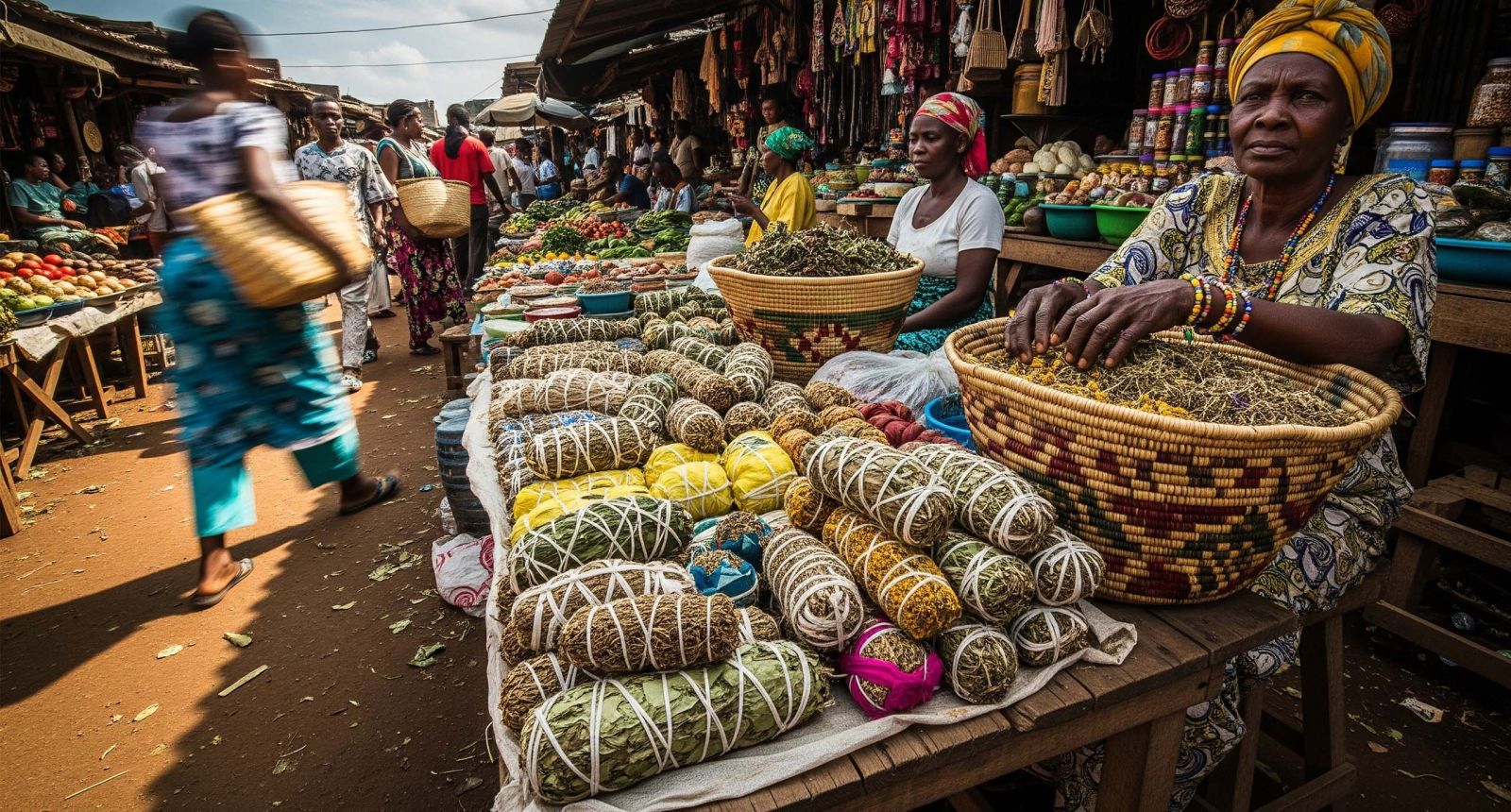 Étal de marché montrant des bouquets d’herbes et des pots d’argile, illustrant les remèdes traditionnels.