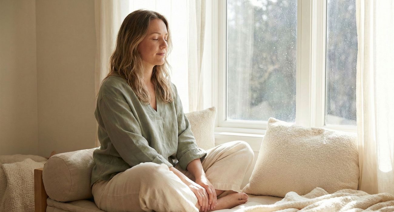 Una mujer practicando meditación de mindfulness en un salón luminoso y calmado.