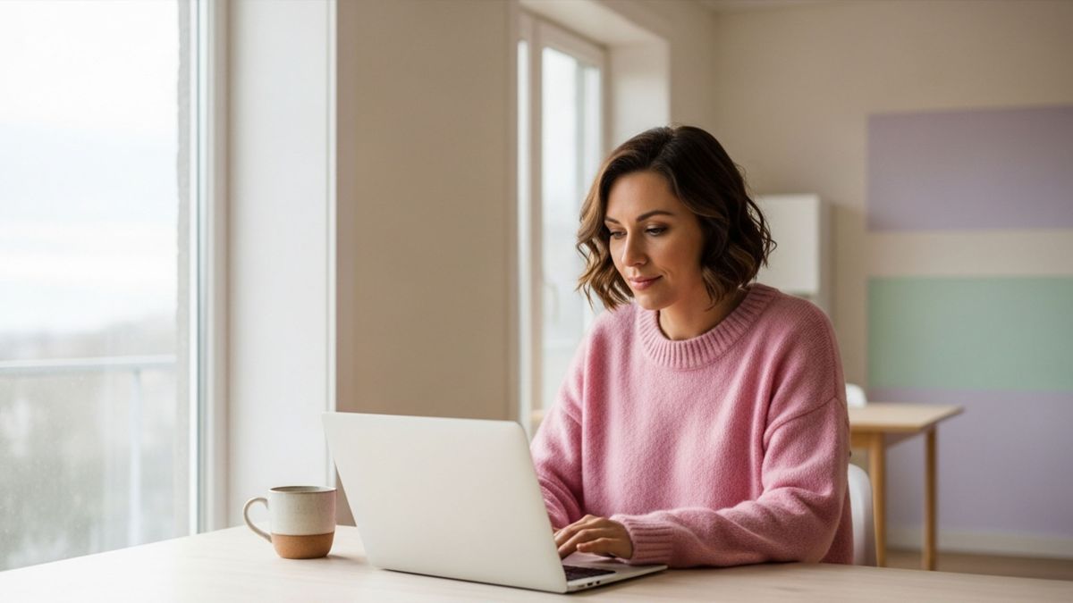Femme travaillant à distance à une table ensoleillée, suggérant liberté et concentration
