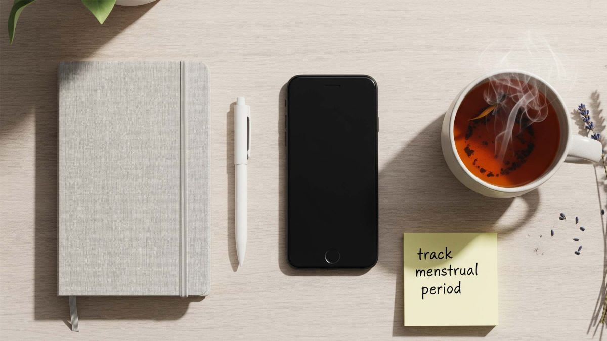 Smartphone con aplicación de seguimiento menstrual, cuaderno y té para planificación del ciclo