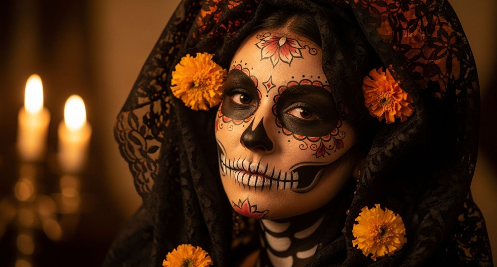 Elegant La Catrina portrait with lace veil, marigolds, and candlelight