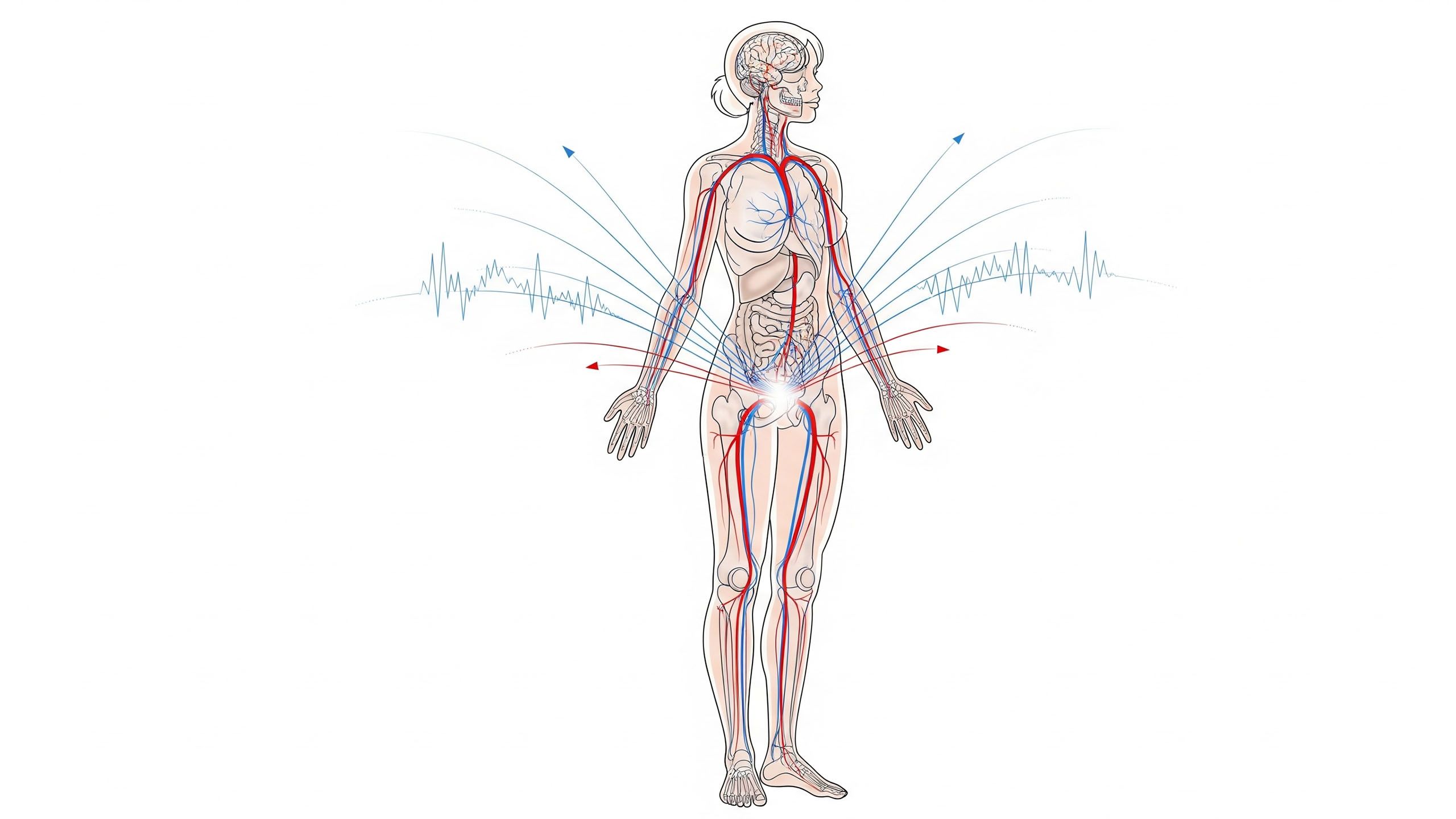 Ilustración educativa del cerebro y la anatomía pélvica mostrando patrones de flujo nervioso y sanguíneo durante la excitación.
