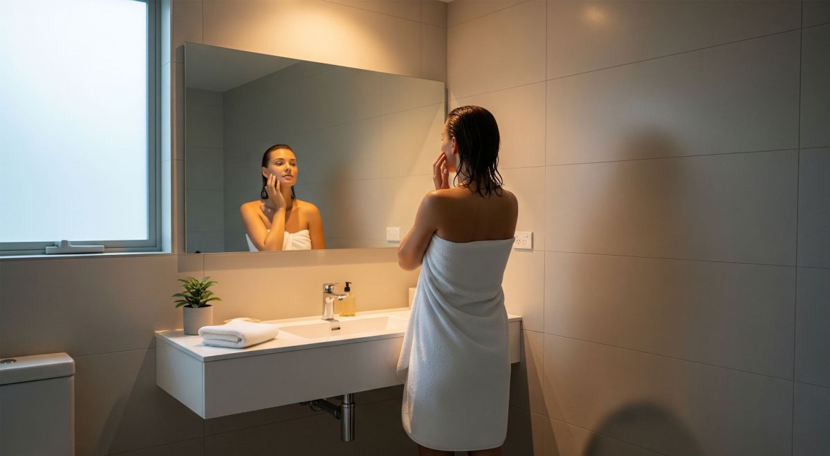 Mujer con toalla practicando higiene íntima en un baño limpio