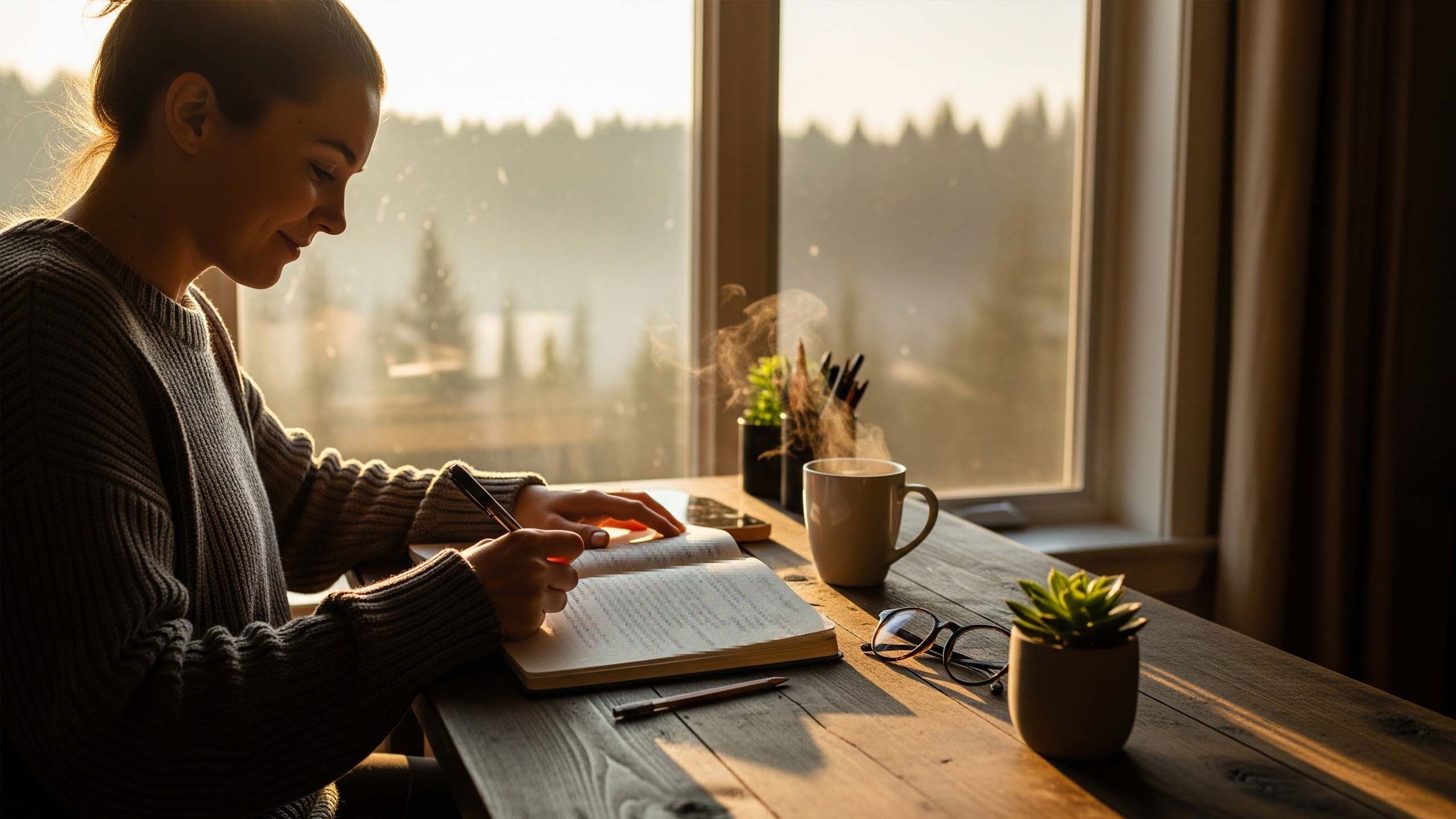 Persona escribiendo preguntas de auto-reflexión en un cuaderno cerca de una ventana.
