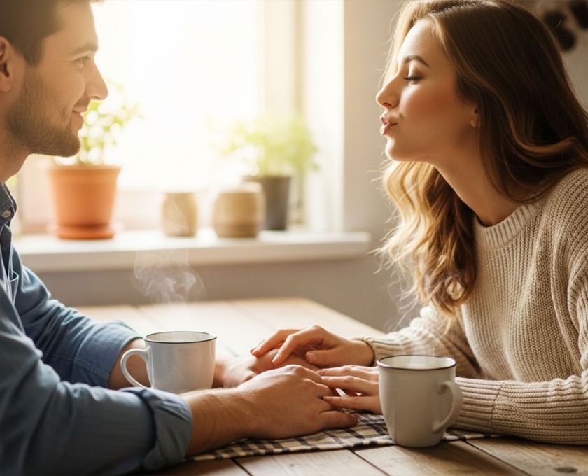 Femme et homme partageant un moment romantique calme autour d’un café, illustrant la force des petits gestes du quotidien.