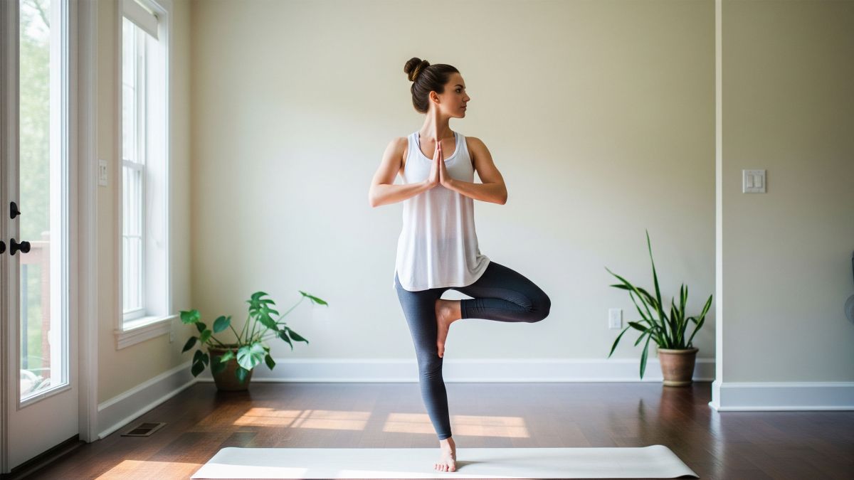 Woman practicing pelvic-strengthening yoga on a mat in a calm room