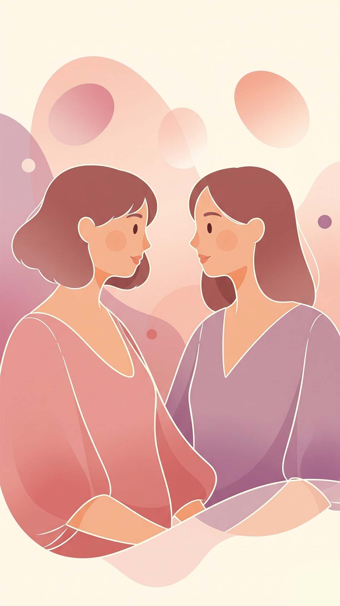 Ilustración abstracta de dos mujeres en conversación.
