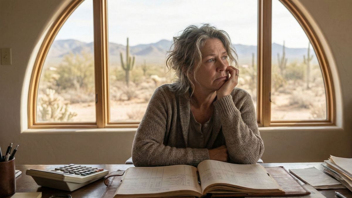 Thoughtful 55-year-old woman reflecting on career and family regrets at her accounting desk