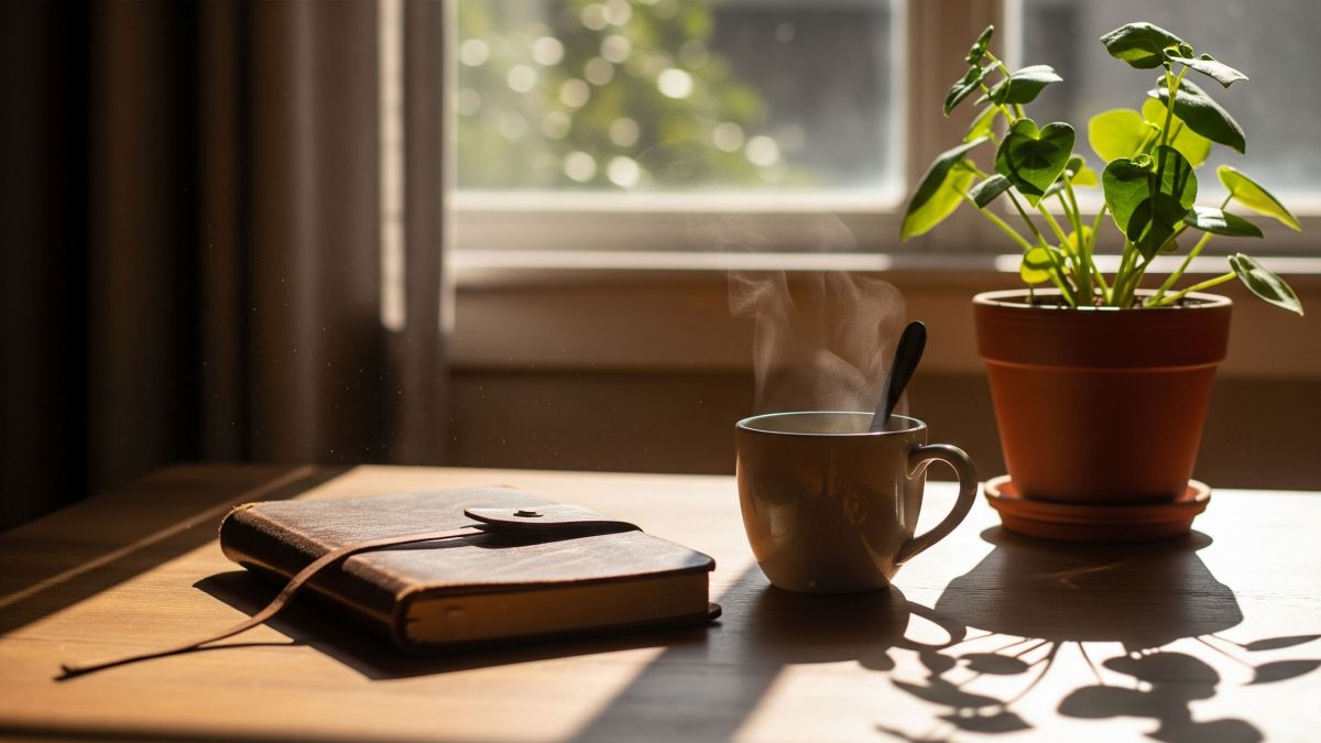 Un entorno matutino tranquilo con un diario, té y luz natural que simboliza el equilibrio emocional